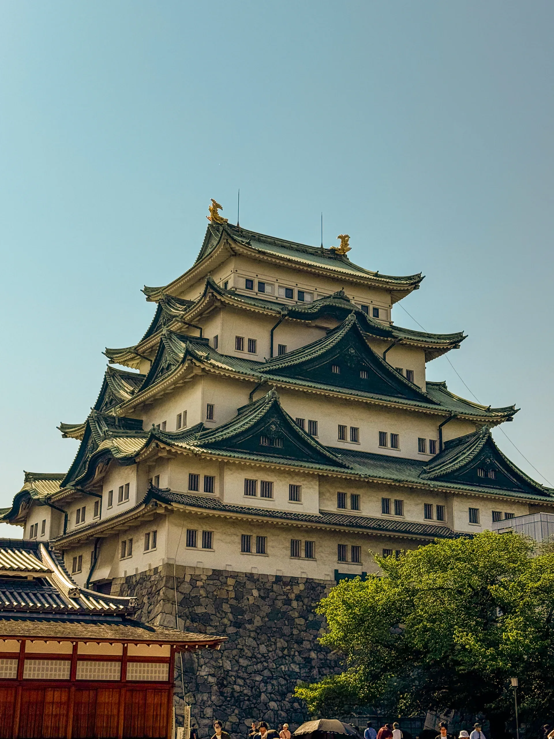 Le donjon blanc et vert du château de Nagoya sous un ciel bleu.