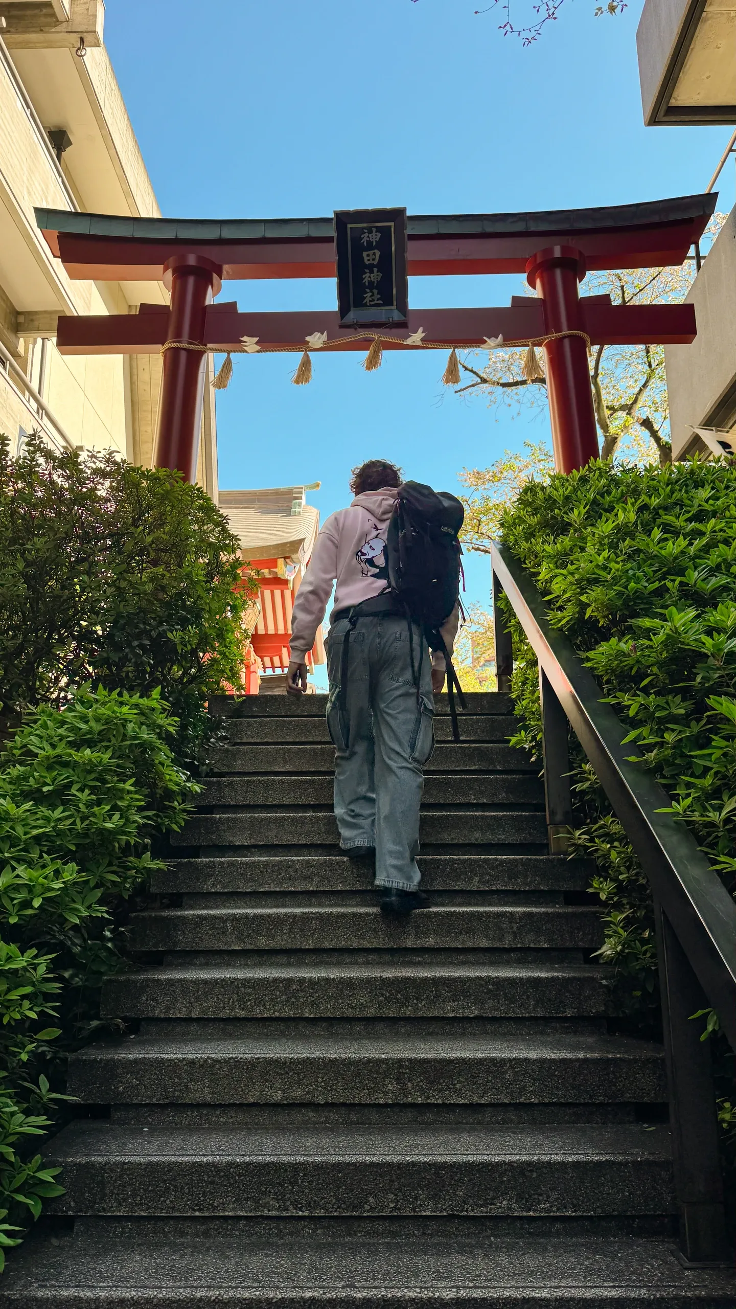 Dono de dos, sac sur l'épaule, monte un escalier vers un torii rouge.