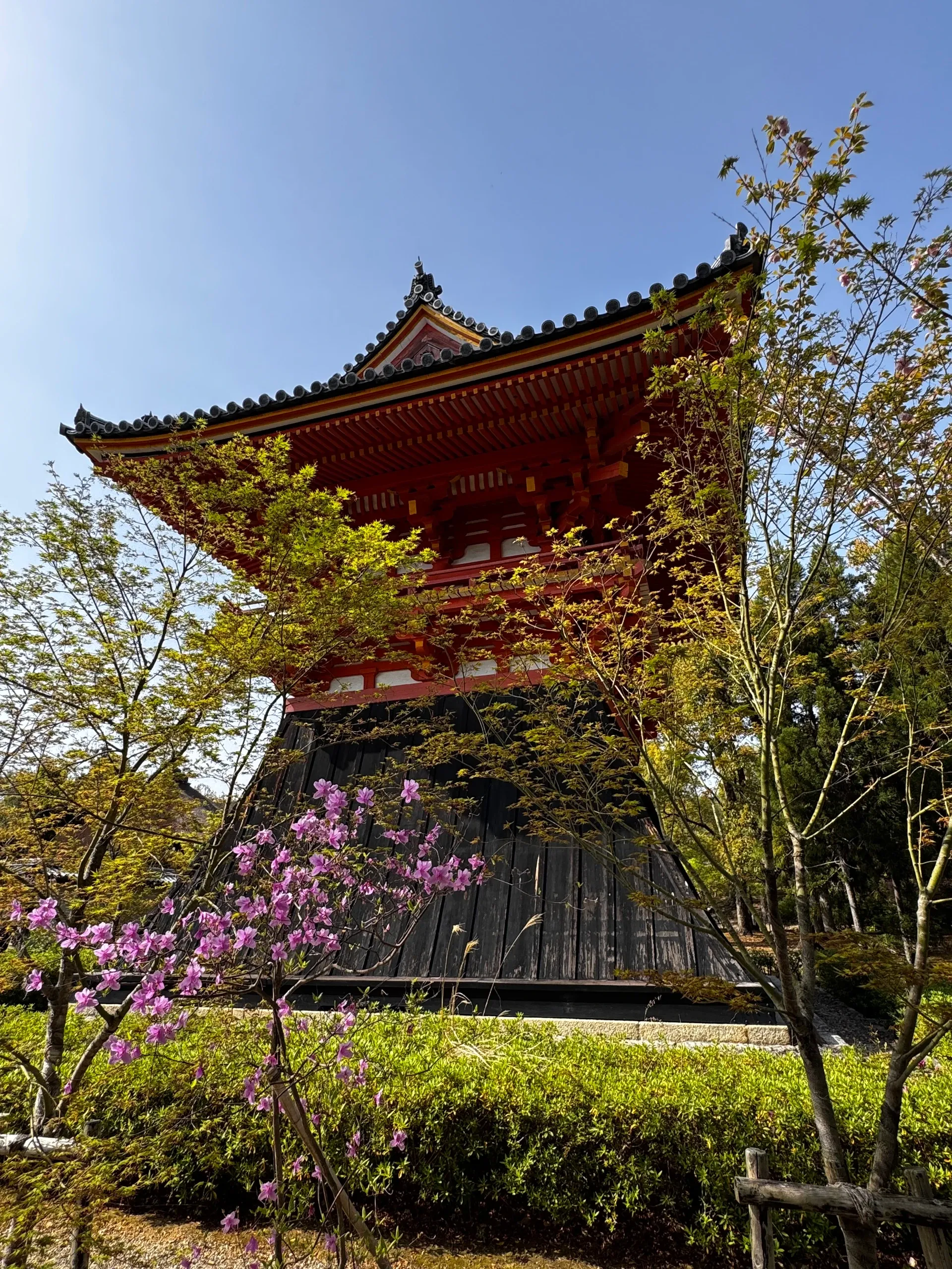 Pagode vermillon entourée d'arbres et d'azalées en fleurs.