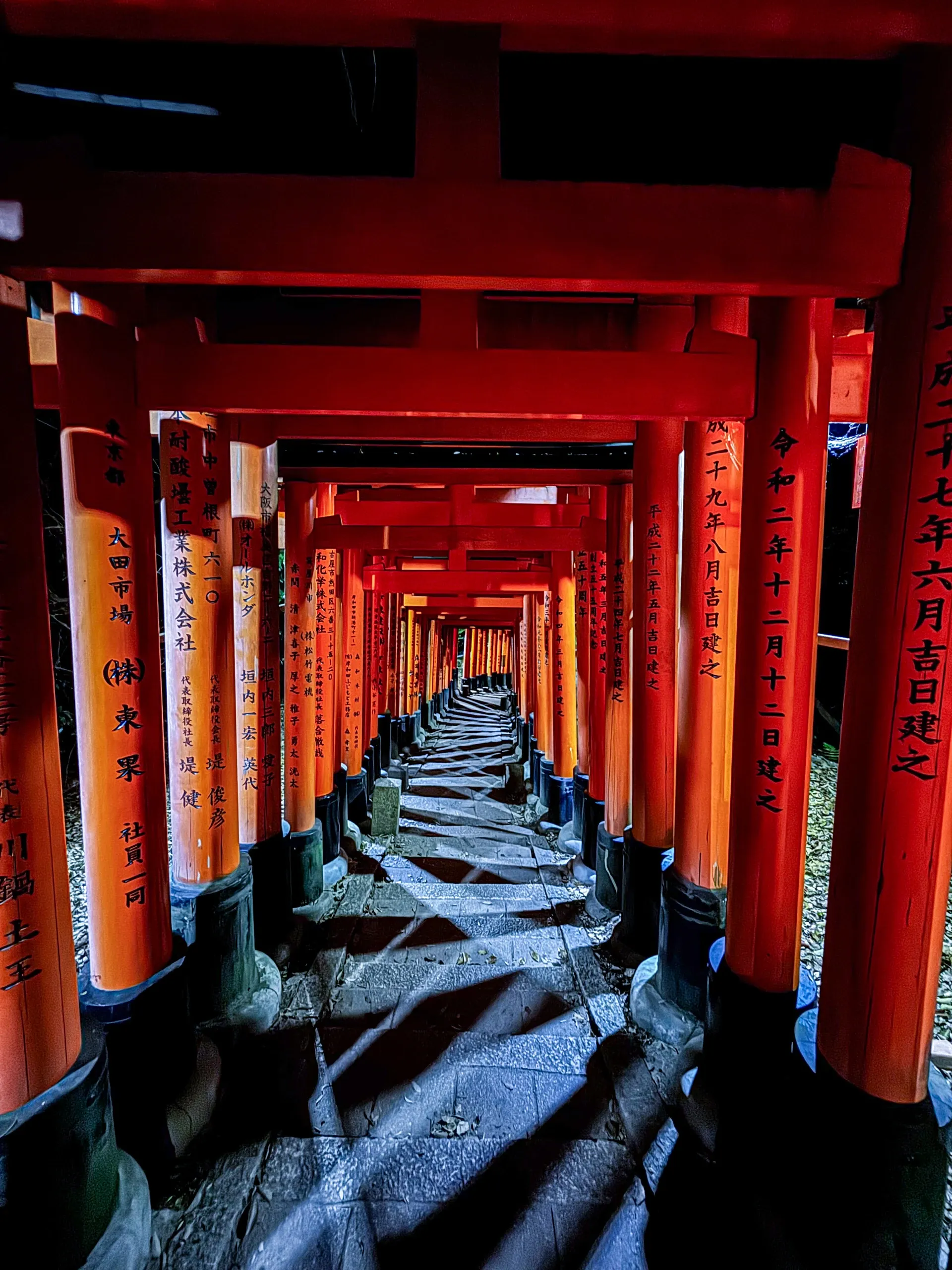 Tunnel de torii orange éclairé la nuit, le sol mouillé reflétant la lumière.